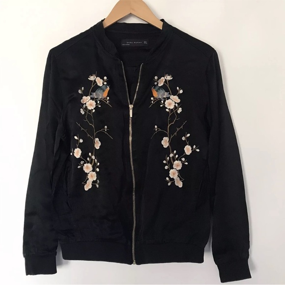 Zara Satin Embroidered Bomber Jacket Black Cherry Blossoms & Birds Small Black - Picture 2 of 14